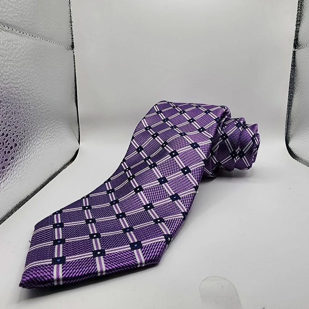 Jos. A.‎ Bank Reserve Mens Silk Tie Purple Geometric Grid Plaid Woven Necktie